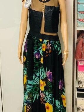Black Floral Maxi Skirt with Yellow & Purple Blooms